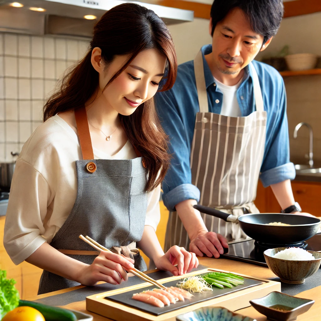 マンツーマン料理教室で学ぶ女性